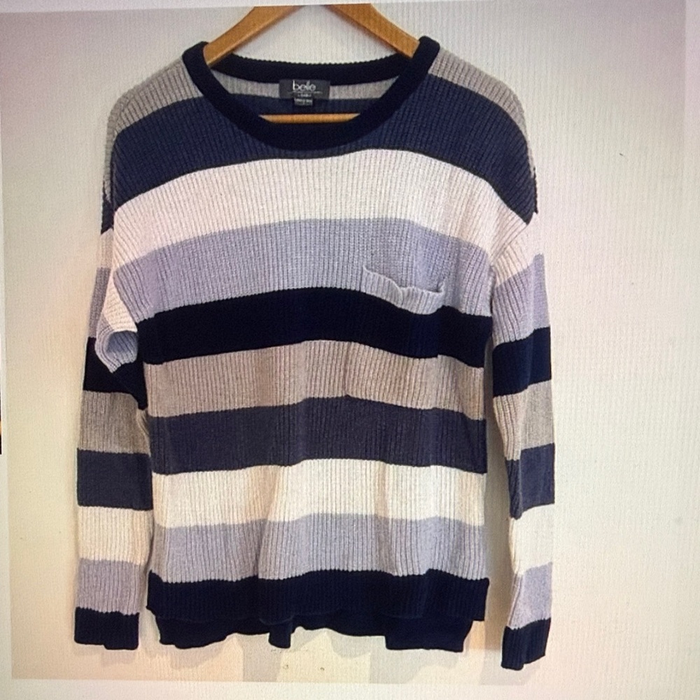 Belle by Belldini Woman Blue Striped Long Sleeve Hi Low Pullover Sweater Size L